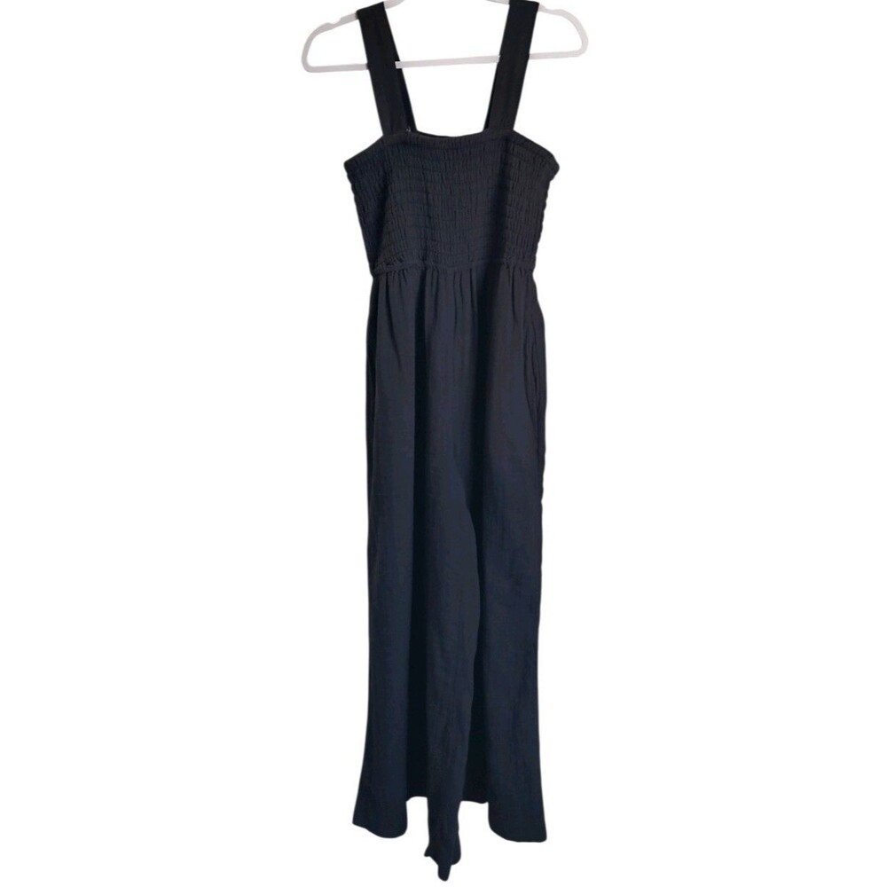Quince Women 100% Organic Cotton Gauze Smocked Wide Leg Jumpsuit Black Medium - Picture 3 of 6